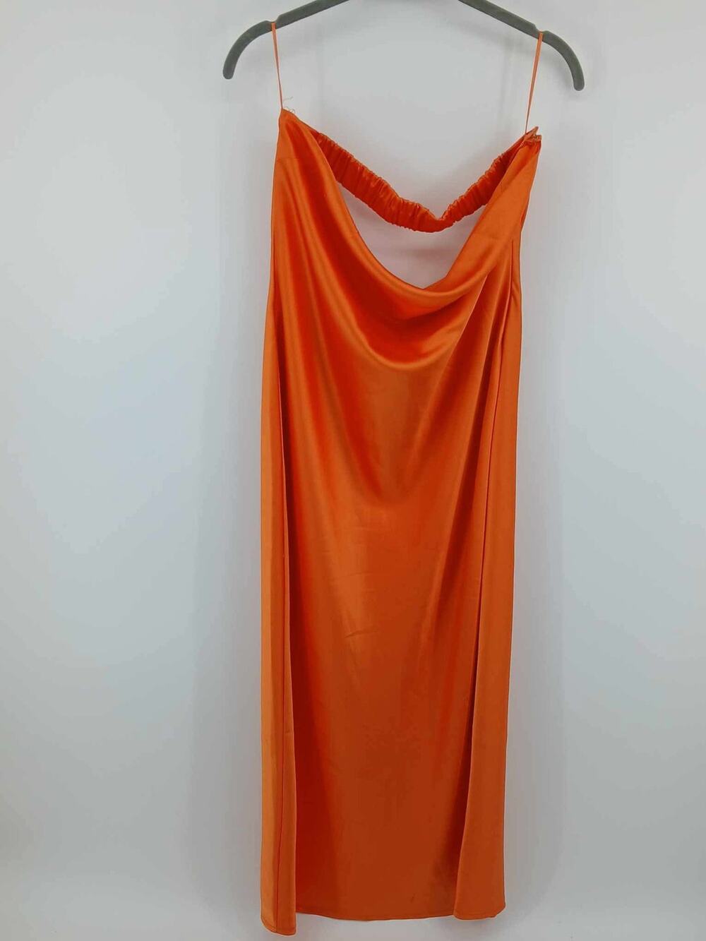 Satin slip dress, Fashion Nova, cowl neck dress in orange. (L)